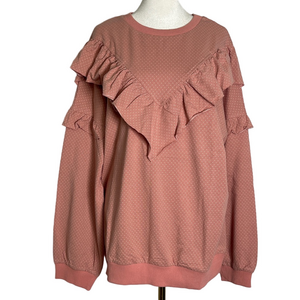NWT Easel Pink Polka Dot Ruffle Sweatshirt Size Large Crewneck Cottagecore Boho